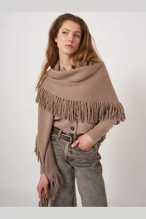 REPEAT cashmere Driehoekige cashmeresjaal met oversized franjes