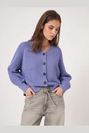 REPEAT cashmere Grof ribgebreide katoenen V-hals cardigan