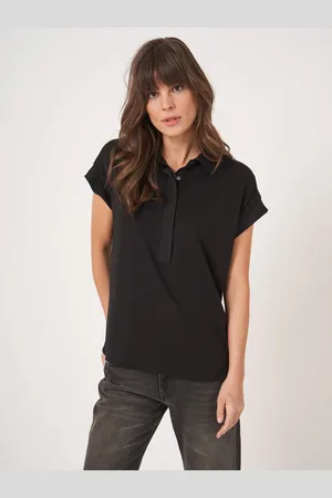 REPEAT cashmere Top met overhemdkraag en zoom in zijde