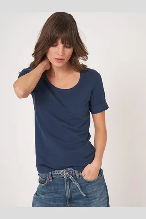 REPEAT cashmere Dames T-shirt met opgerolde mouwen