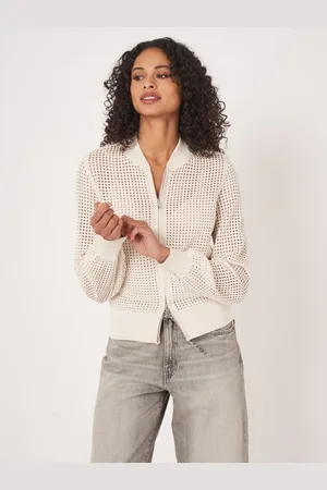 REPEAT cashmere Ajour vest met baseball-kraag en rits