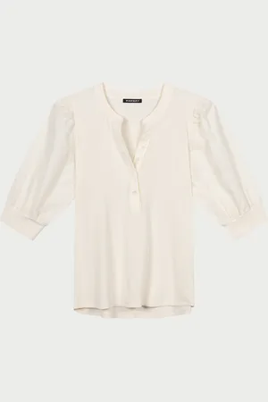 REPEAT cashmere Henley top met korte pofmouwen