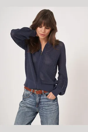 REPEAT cashmere Ajour vest met baseball-kraag en rits
