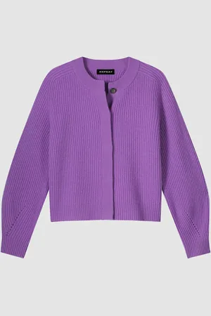 REPEAT cashmere Geribde cashmere cardigan met pofmouwen