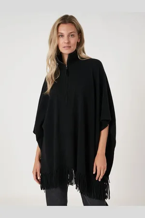 REPEAT cashmere Poncho met franje en ritskraag