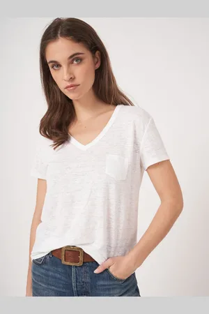 REPEAT cashmere Basic zuiver linnen V-hals T-shirt met borstzakje