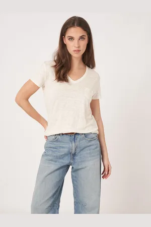 REPEAT cashmere Basic zuiver linnen V-hals T-shirt met borstzakje