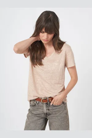 REPEAT cashmere Basic zuiver linnen V-hals T-shirt met borstzakje