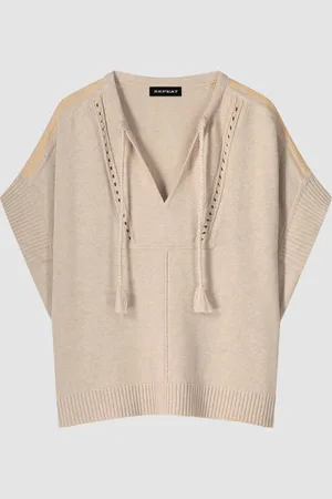 REPEAT cashmere Oversized gebreide katoenen poncho met strikkoord