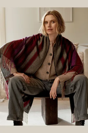 REPEAT cashmere Vierkante cashmere sjaal met strepen en franjes