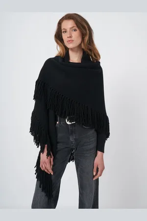 REPEAT cashmere Driehoekige cashmeresjaal met oversized franjes