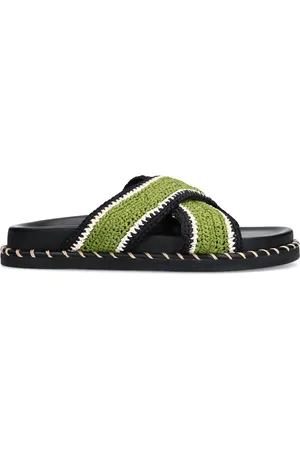 Sacha Zwarte plateau slippers met groene bandjes