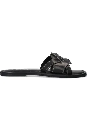 Sacha Zwarte leren slippers