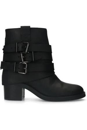 Sacha Zwarte leren enkellaarsjes met buckles