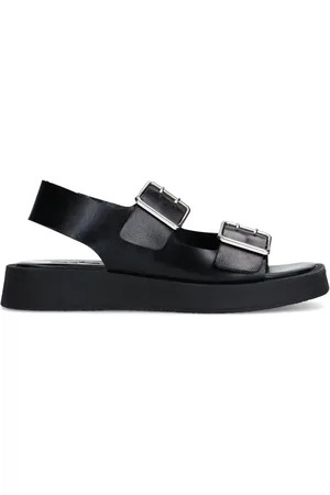 Sacha Zwarte leren plateau sandalen met zilverkleurige buckles