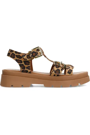 Sacha Leopard suède plateau sandalen met goudkleurige buckles