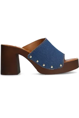 Sacha Blauwe denim muiltjes met houten hak