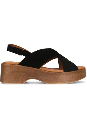 Sacha Zwarte leren plateau sandalen