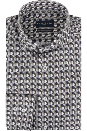 Cavallaro Napoli Overhemd mouwlengte 7 slim fit donnkergroen geprint