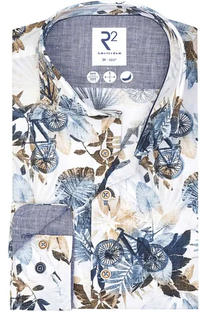 R2 Westbrook Blauwe business overhemd slim fit katoen geprint