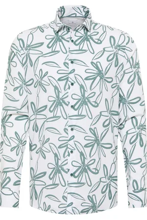 Blue Industry Casual overhemd slim fit wit en blauw bloemen print linnen
