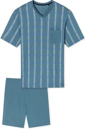 Schiesser Lichtblauwe Comfort Nightwear shortama geruit