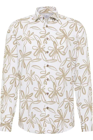 Blue Industry Casual overhemd slim fit wit en bruin bloemen print linnen
