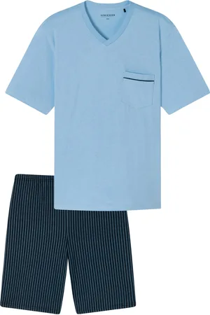 Schiesser Comfort Fit shortama lichtblauw navy gestreept