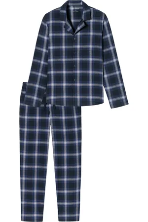 Schiesser Warming Nightwear pyjama navy geruit katoen