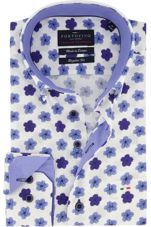 Portofino Overhemd regular fit beige geprint bloemetjes katoen