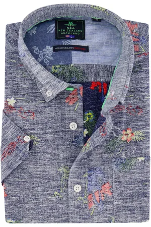New Zealand Casual overhemd korte mouw normale fit blauwe bloemen geprint linnen