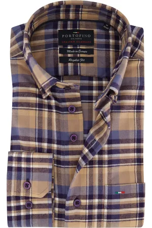 Portofino Regular Fit overhemd beige geruit flanel