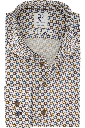 R2 Westbrook Casual overhemd mouwlengte 7 slim fit blauw geprint