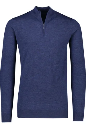 Portofino Merinowollen trui half zip extra lang blauw gemeleerd