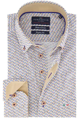 Portofino Regular fit casual overhemd blauw geprint met borstzak
