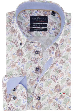 Portofino Overhemd wijde fit blauw groen geprint katoen