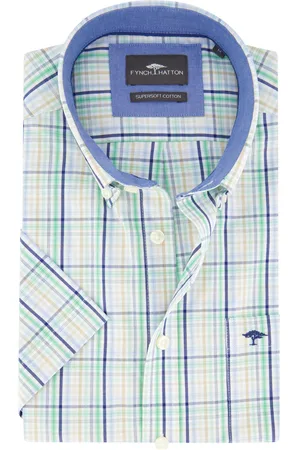 Fynch-Hatton Overhemd korte mouw blauw geruit met button-down boord
