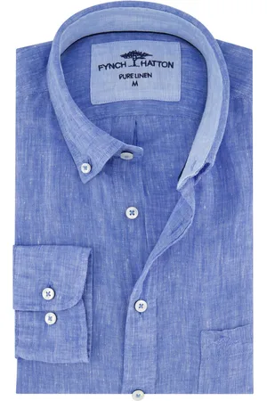 Fynch-Hatton Linnen overhemd middenblauw borstzak