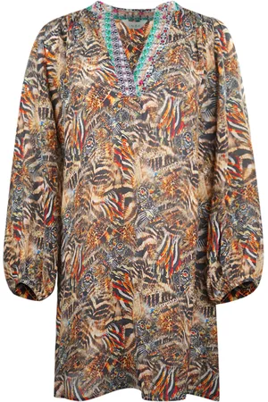 INOA Golden Eagle Brown Long Sleeve Silk V-Neck Dress