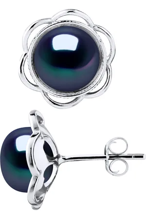 Diadema Stud Oorbellen FLOWER Beads Freshwater 89mm Zwarte Knopen 925