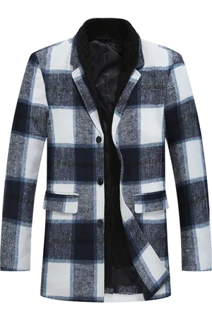 Allthemen Heren lange slim fit geruite winter dikke jas met sjaalkraag
