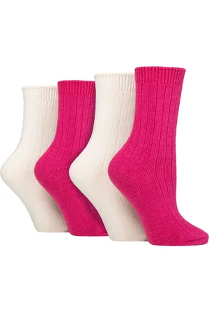Wild Feet 4 Paar Dames Cashmere Boot Sokken | Ribgebreide Wollen Bed Sokken - Wijn / room