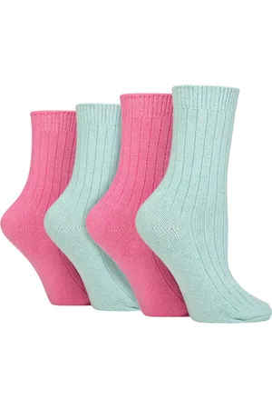 Wild Feet 4 Paar Dames Cashmere Boot Sokken | Ribgebreide Wollen Bed Sokken - Groen / perzik