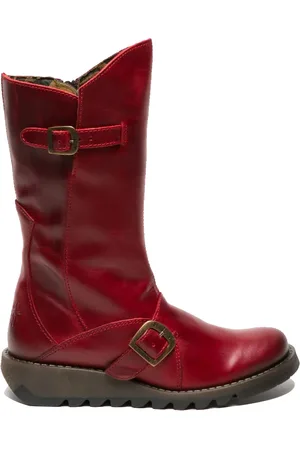 Fly London Dames Rode MES 2 Wedge Heel Buckle Mid-Calf Leren Zip Platform Laarzen