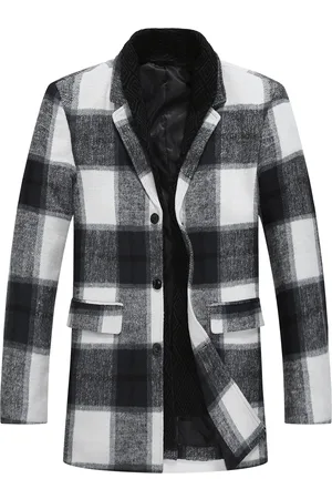 Allthemen Heren lange slim fit geruite winter dikke jas met sjaalkraag