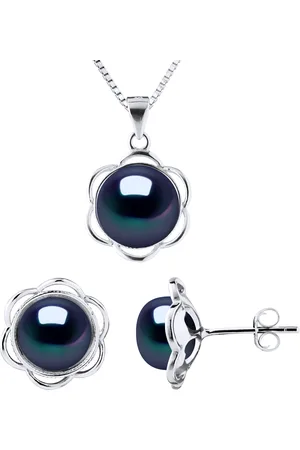 Diadema Versiering ketting en oorbellen PETAL Kralen Zoetwater 8-9mm Black 925