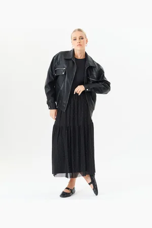 Gini London Zwarte maxi-rok van mesh met diamanten