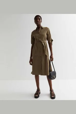 Gini London Linnen stropdas mouwen midi shirt jurk
