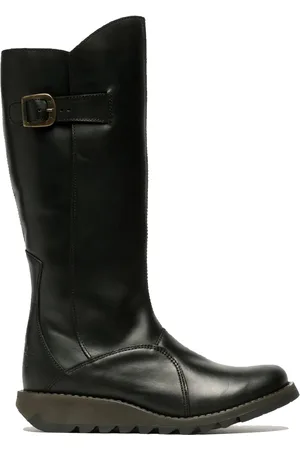 Fly London Dames Zwarte MOL 2 Leren Wedge Heel Kniehoge Rits Laarzen