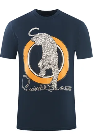 Roberto Cavalli Circular Leopard Logo Navy Blue T-Shirt